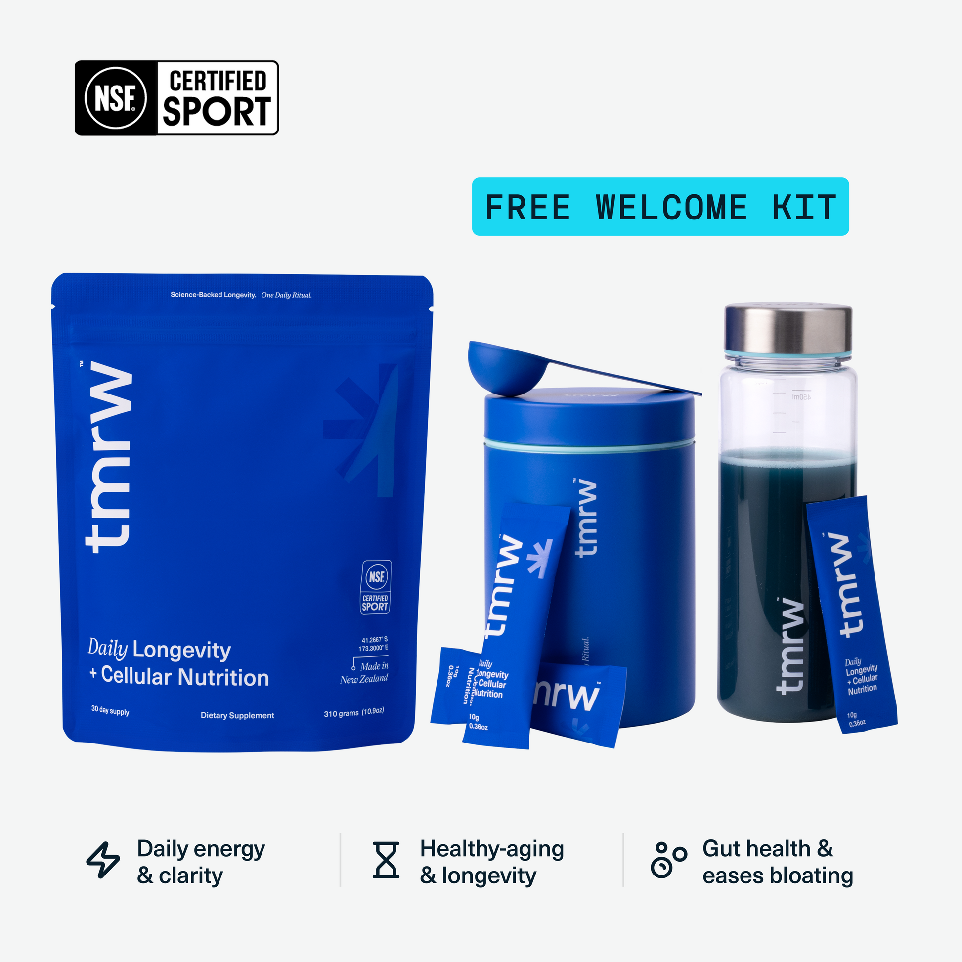 Tmrw longevity powder pouch with free welcome kit including canister, shaker and travel sachets — NSF Certified anti-ageing supplement with 88 ingredients