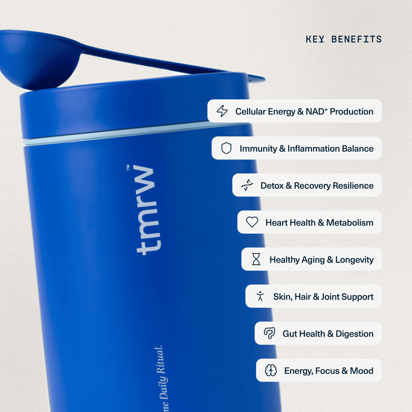 Man holding Tmrw daily longevity supplement drink — science-backed NMN powder for healthy ageing and cellular vitality