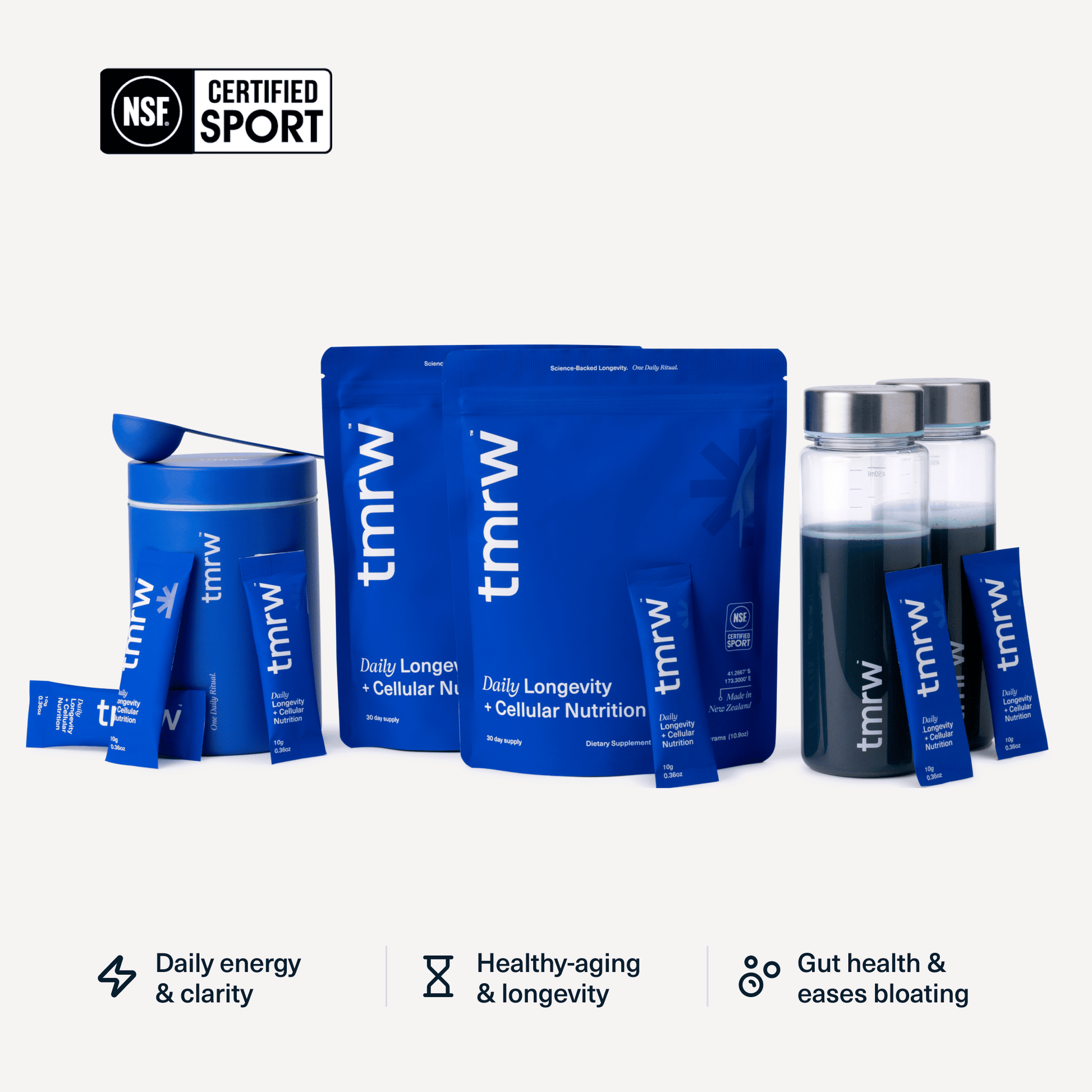 Tmrw longevity powder benefits including cellular energy, NAD+ production, immunity, detox recovery, heart health and gut digestion